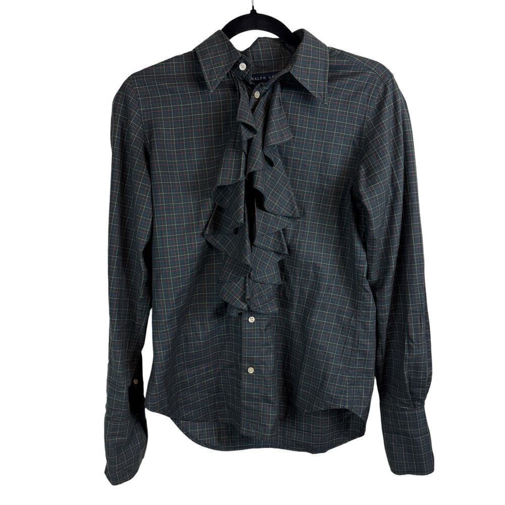 Ralph Lauren Blue Label Glen Cotton Plaid Ruffle Front Button Up Blouse Green 6